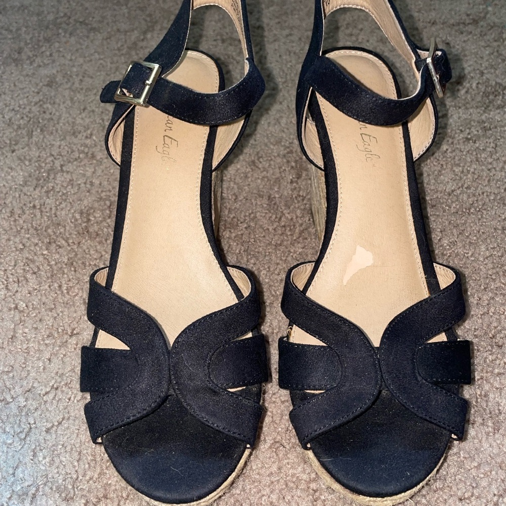 Open Toe Black Sandal 4.25” Wedge Heels, US Size 7.5 - Picture 3 of 6